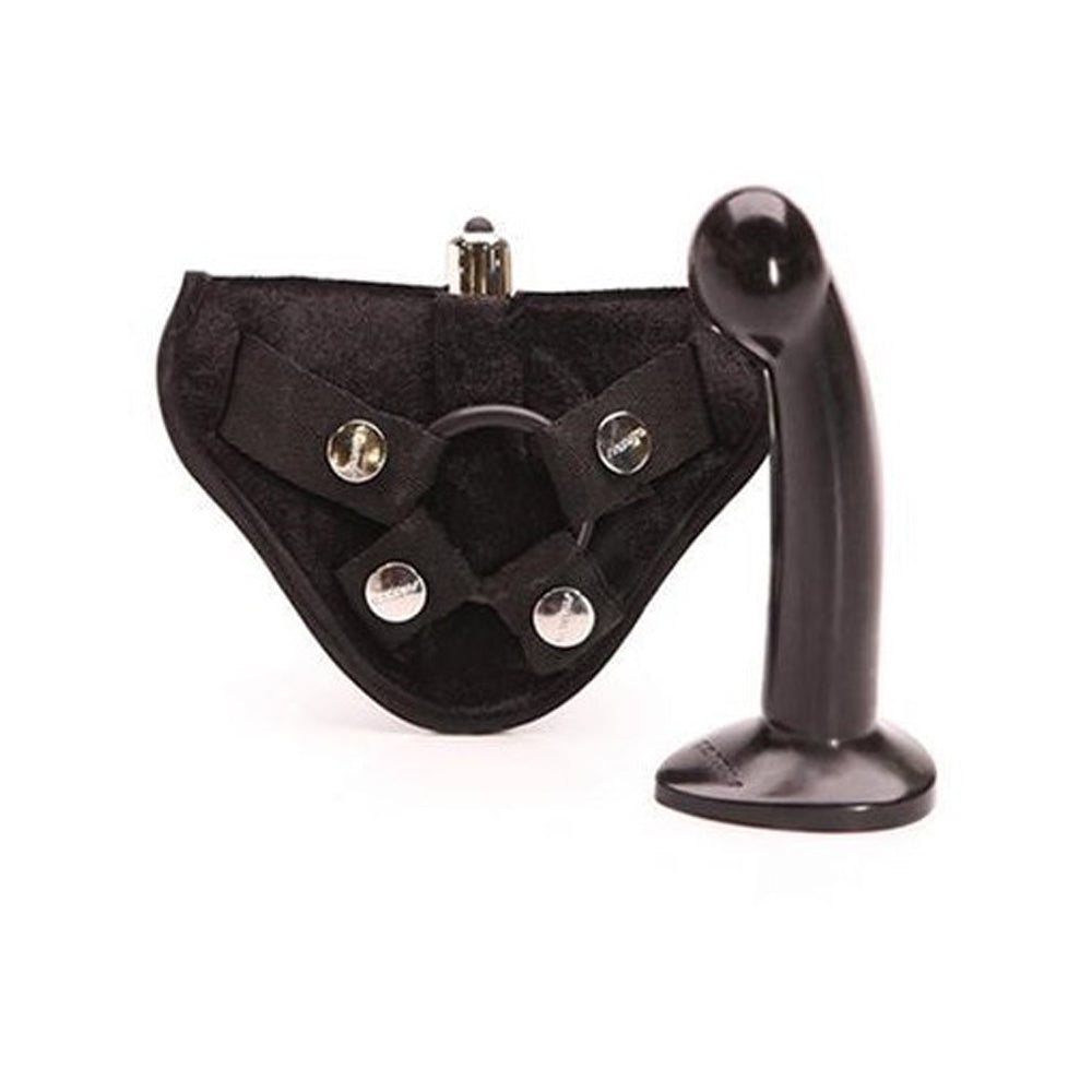 Tantus Sport Vibrating Dildo Kit Onyx Tantus Sport Onyx kit with black dildo beside compact harness panel