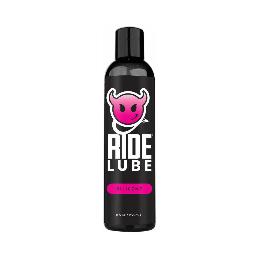 Ride Lube Silicone Lubricant 8.5oz Sliquid Ride Silicone 8.5 oz tall black bottle with pink bull logo and silicone panel