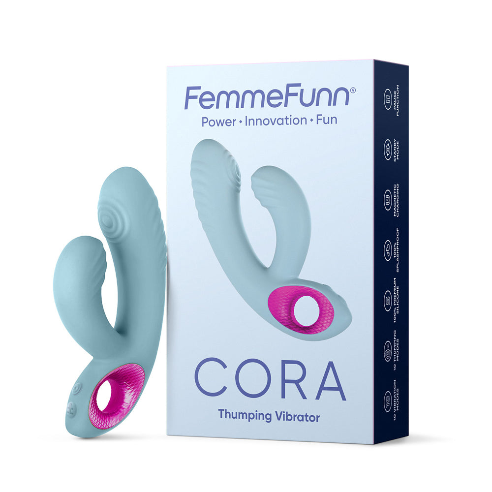 FemmeFunn Cora Rechargeable Silicone Thumping Dual Stimulation Vibrator Light Blue Light blue FemmeFunn Cora vibrator standing beside retail box