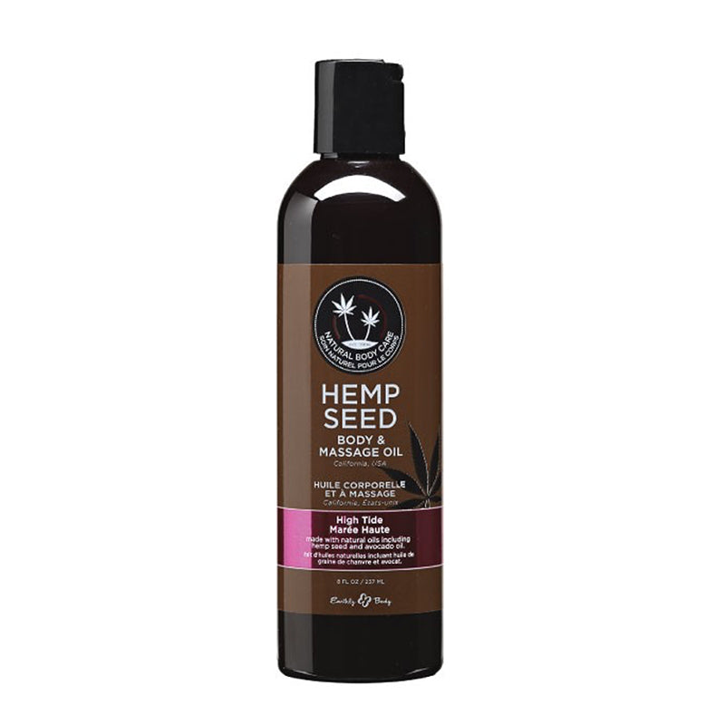 Earthly Body Massage Oil High Tide 8oz. Earthly Body High Tide Massage Oil dark 8 oz bottle with brown label and pink band