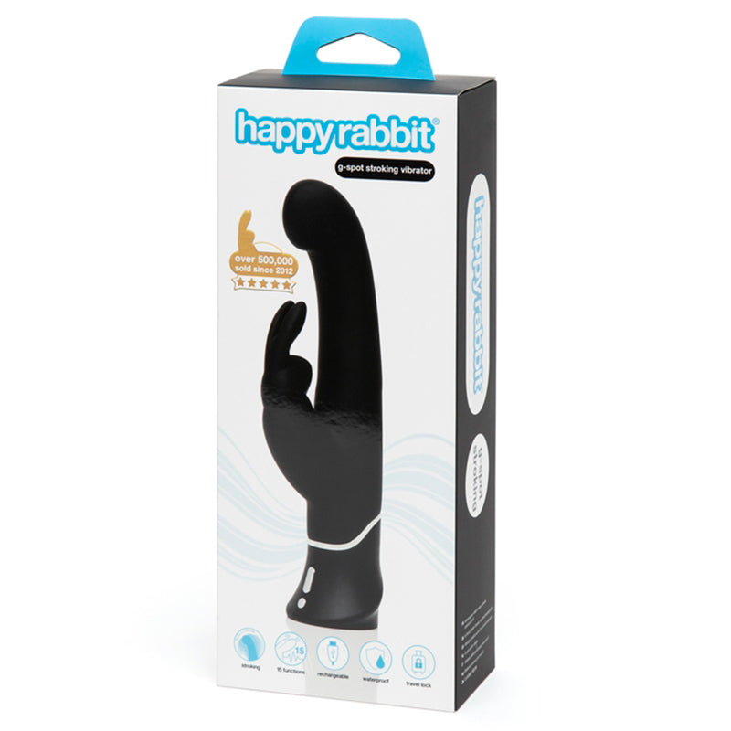 Happy Rabbit G-Spot Stroking Rechargeable Silicone Rabbit Vibrator Black Black Happy Rabbit stroking rabbit vibrator in white retail box