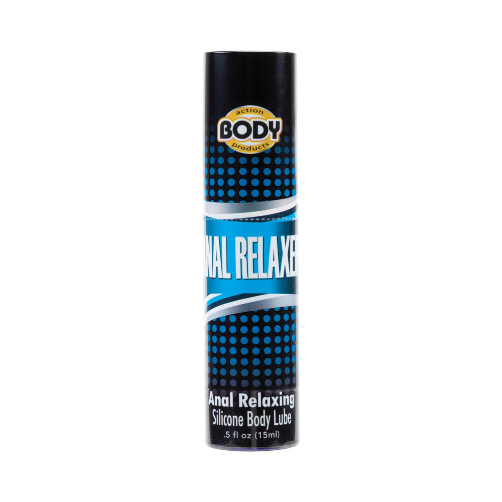 Body Action Anal Relaxer Silicone Lubricant .5oz Bottle Body Action Anal Relaxer 0.5 oz black cylindrical bottle