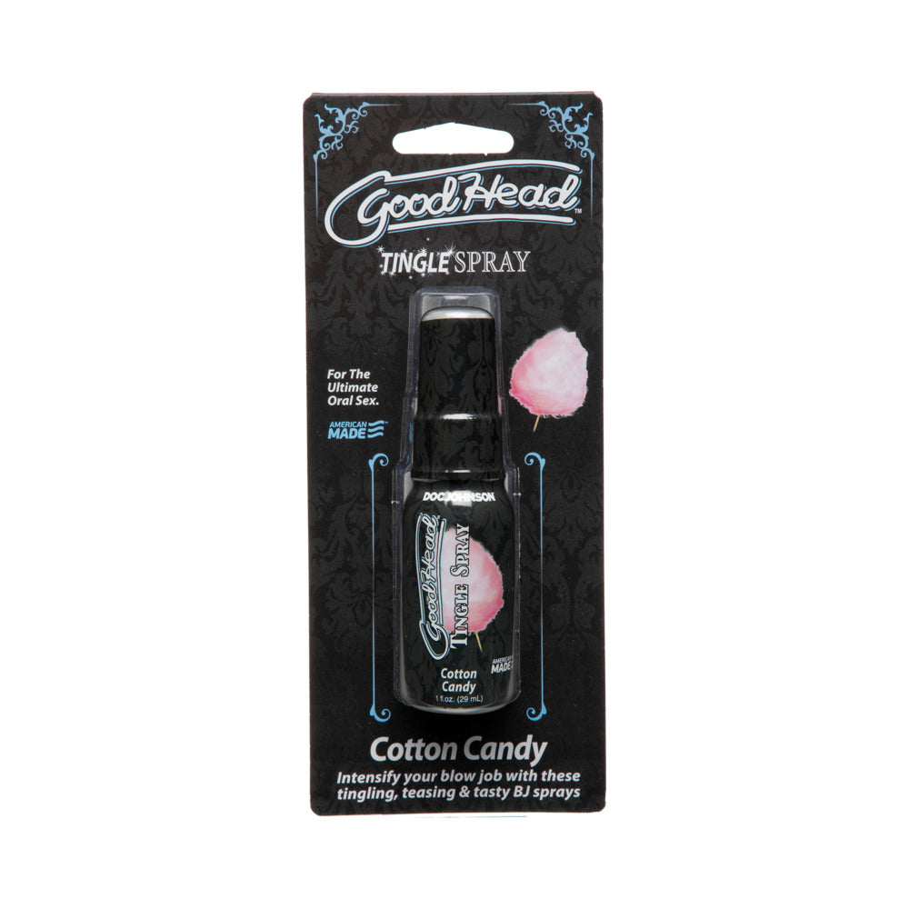 GoodHead Tingle Spray 1 fl. Oz Cotton Candy Doc Johnson GoodHead Cotton Candy Tingle spray inside black retail card with matching fruit graphic