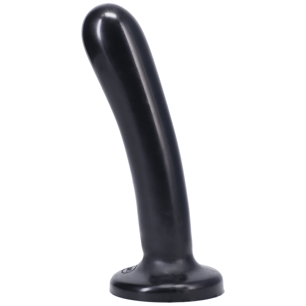 Tantus Silk Large Dildo Onyx Left angle of black Tantus Silk Large with curved shaft