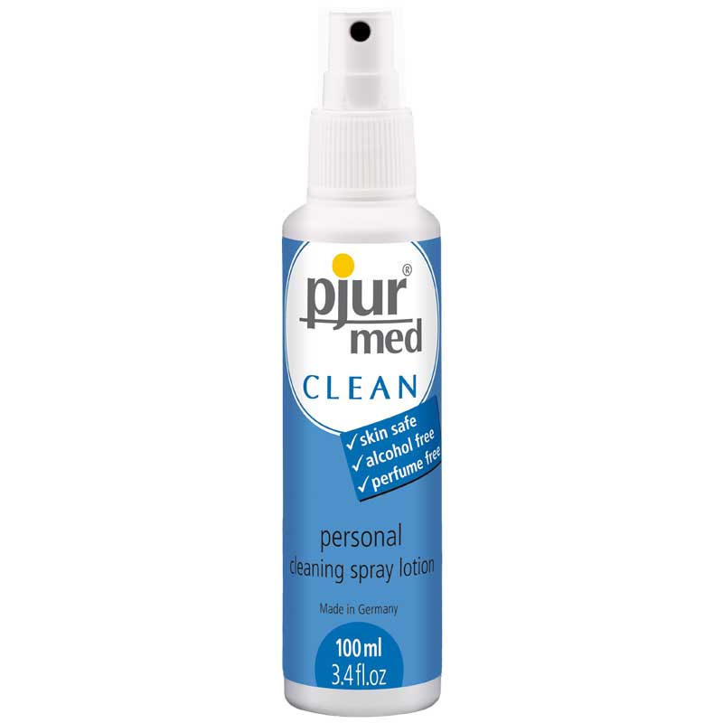 Pjur Med Clean 3.4-ounce white spray bottle with blue label