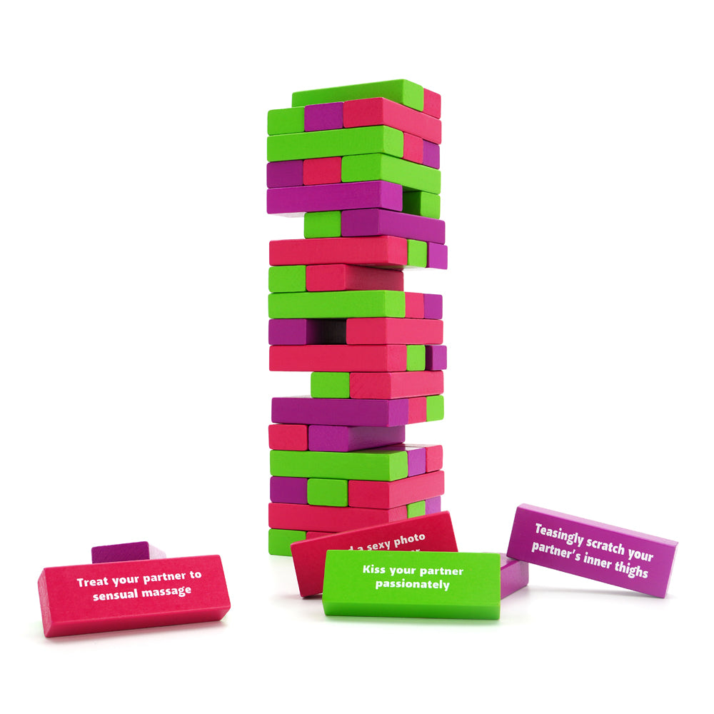 Play Wiv Me Tower of Pleasure Tall Tower of Pleasure stack with loose green pink and purple prompt blocks