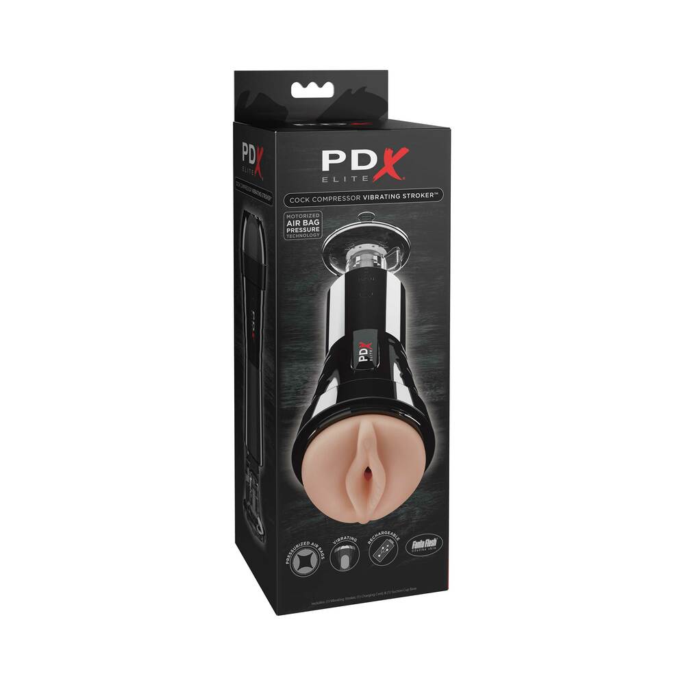 PDX Elite Cock Compressor Rechargeable Vibrating Stroker With Hands-Free Suction Cup Beige/Black PDX Elite Cock Compressor Rechargeable Stroker in tall black retail carton