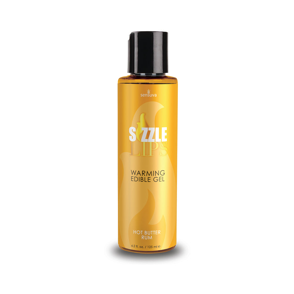 Sensuva Sizzle Lips Warming Edible Gel Hot Butter Rum 4.2 oz. Sensuva Sizzle Lips Hot Butter Rum Gel orange bottle with black cap and amber label