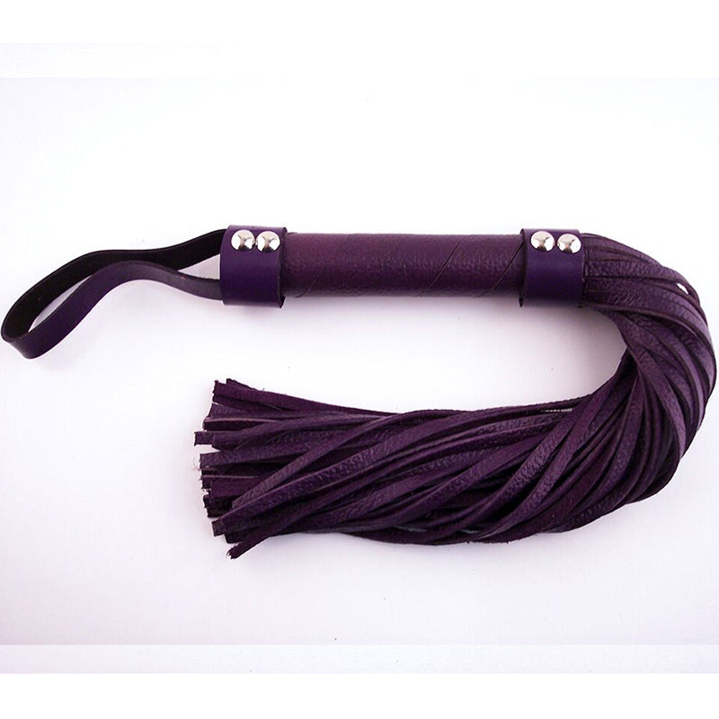 Rouge H-Style Leather Flogger Purple Rouge Purple Leather H-Style Flogger purple wrapped handle with wrist loop and bundle of flat falls