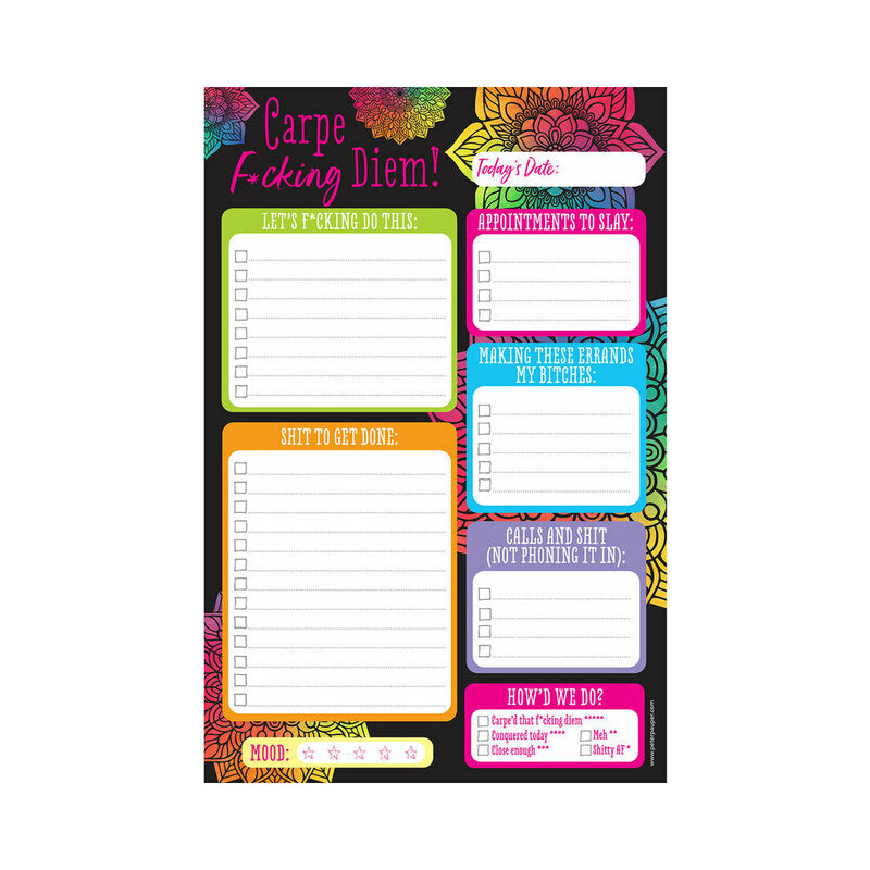 Carpe Fucking Diem Note Pad black Carpe Fucking Diem planning pad with six brightly colored list sections