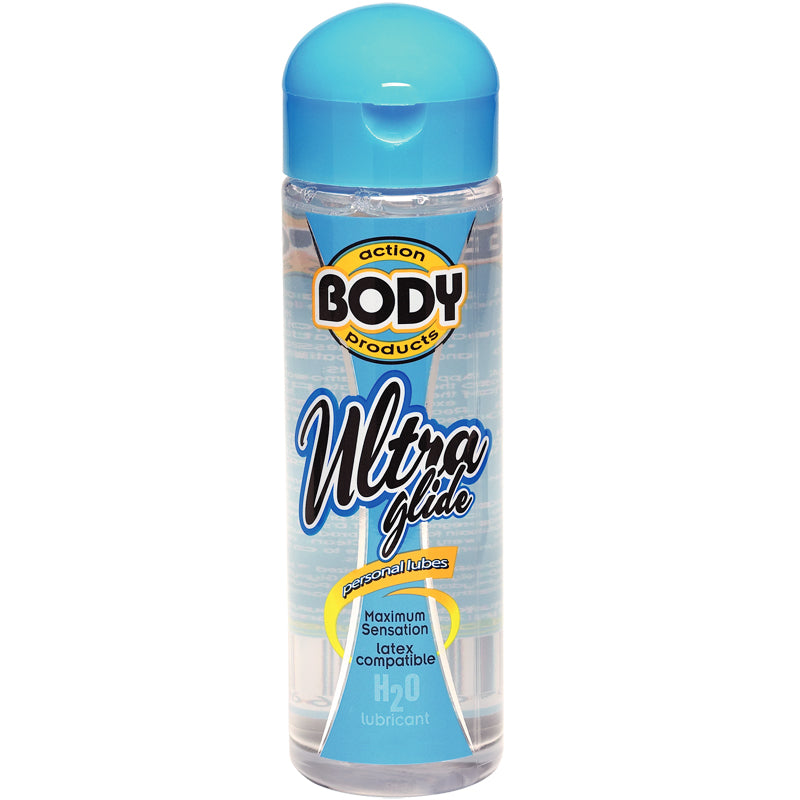 Body Action Ultra Glide Water Based Lubricant 4.8 fl oz Body Action Ultra Glide 4.8-ounce clear bottle with blue cap