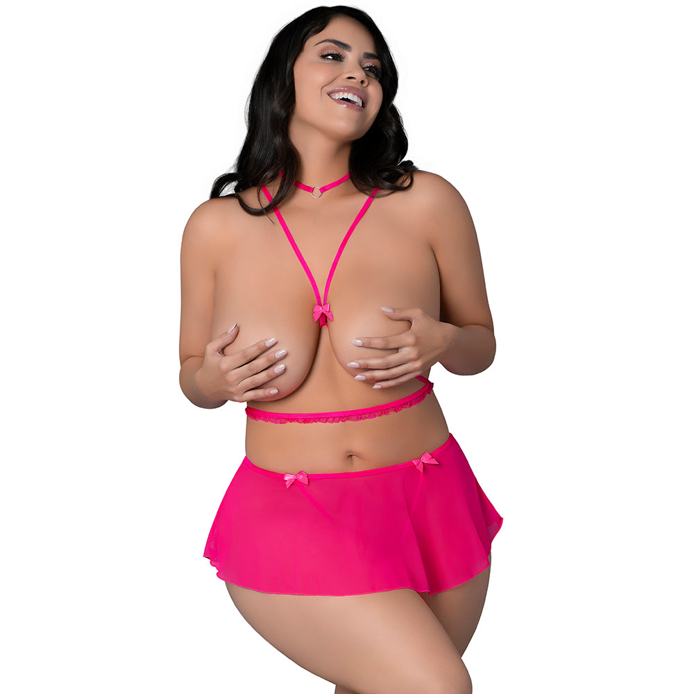 Magic Silk Pink Kink Harness Top, Open Crotch Skirt Panty & Choker Pink Glow Queen Size Model wearing Queen size Pink Kink harness top, mesh skirt panty and choker