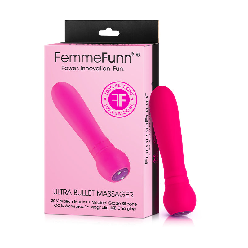 FemmeFunn Ultra Bullet Massager Rechargeable Silicone Vibrator Pink FemmeFunn Ultra Pink Bullet Vibrator pink cylindrical bullet beside pink white retail carton