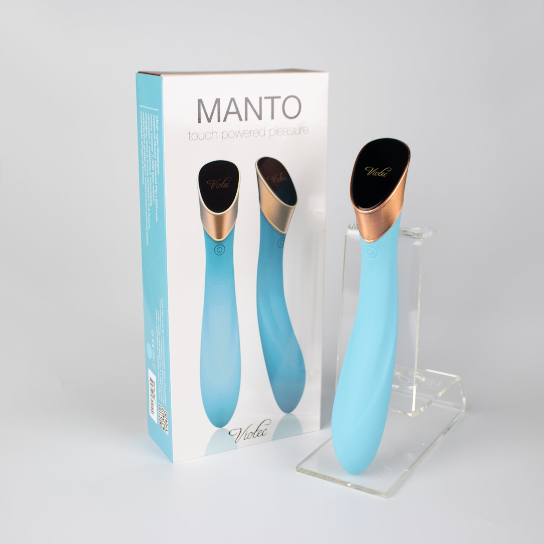 Manto Touch Panel G-Spot Vibrator Blue Viotec Manto blue G-spot vibrator beside retail box and stand