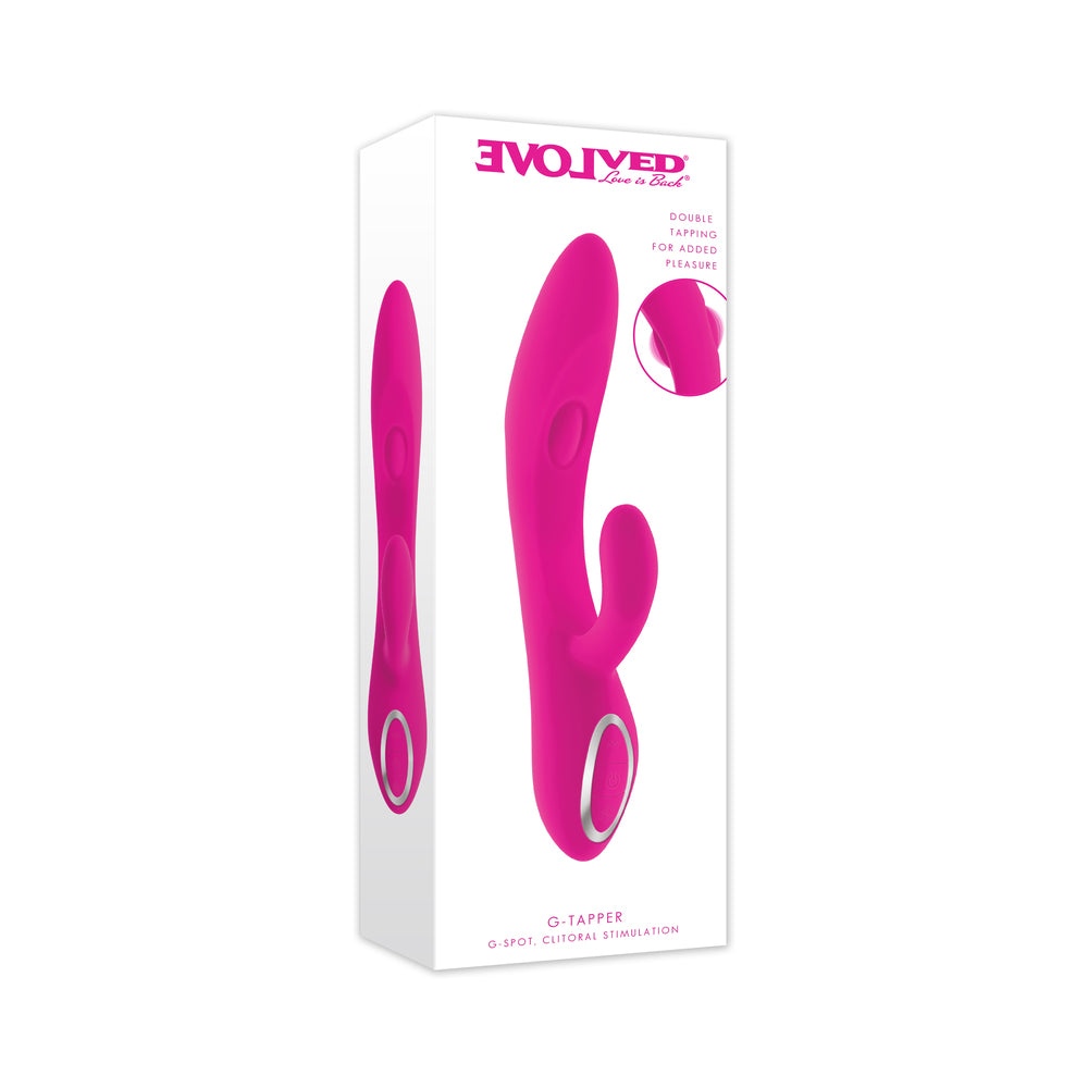 Evolved G Tapper Pink Evolved G Tapper curved vibrator displayed beside retail box