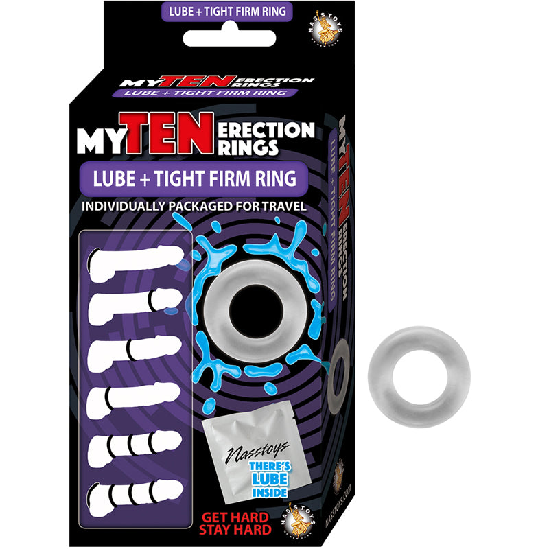 My Ten Erection Rings Tight Firm With Lube Clear Nasstoys My Ten Clear Smooth Rings black blue ten-pack carton beside clear smooth ring