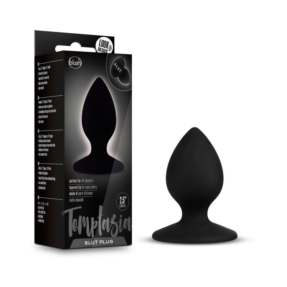 Temptasia ''Slut'' Silicone Anal Plug Black Blush Temptasia Slut black anal plug beside retail box
