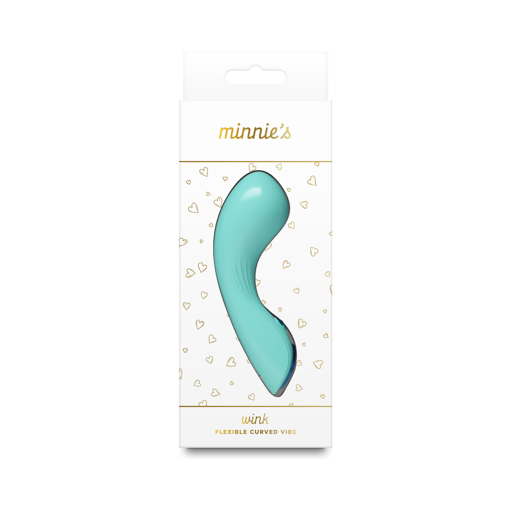 Minnie''s Wink Aqua Minnie's Wink aqua flexible curved vibrator inside the white hanging retail box