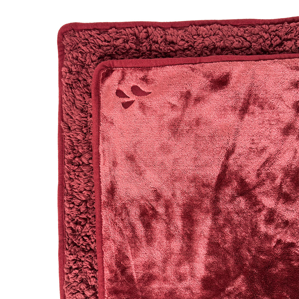 Splash Blanket The OG Large Moon Blood Splash Blanket The OG large Moon Blood red blanket corner close-up with textured reverse