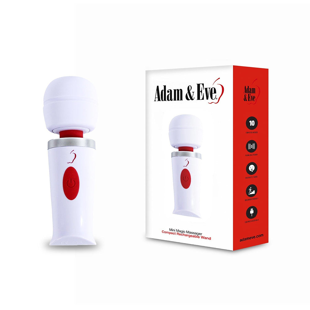 Adam & Eve Mini Magic Massager Adam and Eve Mini Magic white massager beside white and red retail box