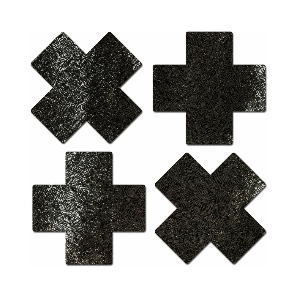 Pastease Petites Crosses Pasties Black two black pairs of petite Pastease pasties in upright and diagonal cross shapes