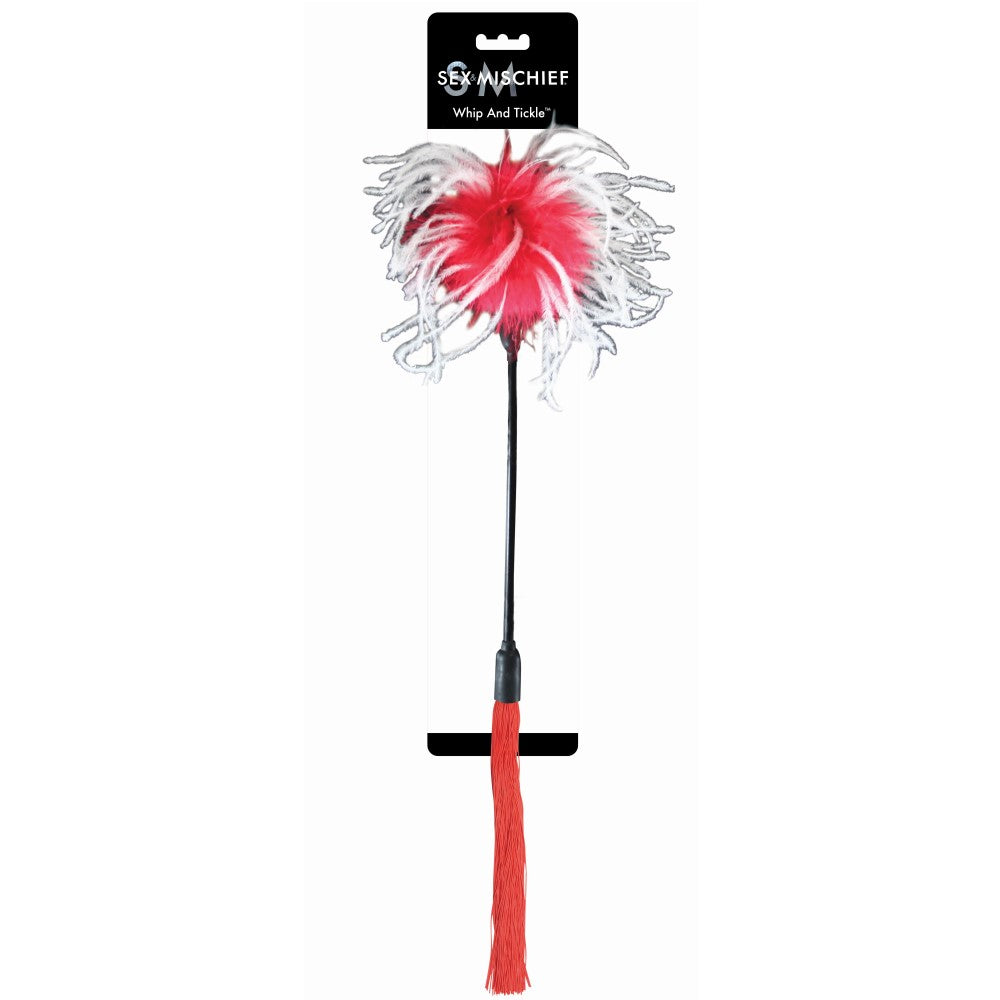 Sportsheets Sex & Mischief Whip & Tickle Red/White Sex and Mischief Whip and Tickle red white feather end and red tassel handle packaged