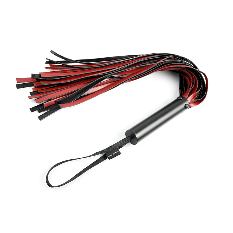 Sportsheets Saffron Flogger Red/Black Red and black 40-fall Saffron flogger with black handle and loop