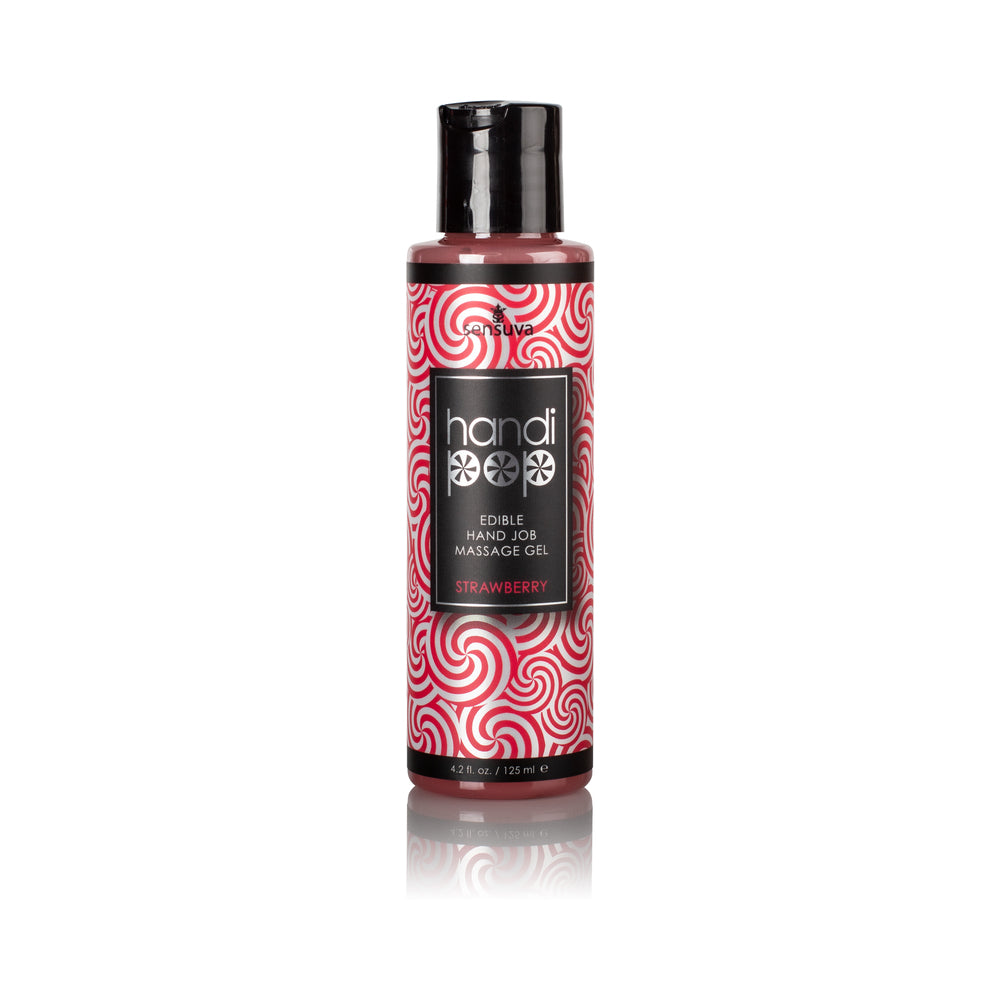 Sensuva HandiPop Edible Hand Job Massage Gel Strawberry 4.2 oz. Sensuva HandiPop Strawberry Gel black bottle with red spiral label and black cap
