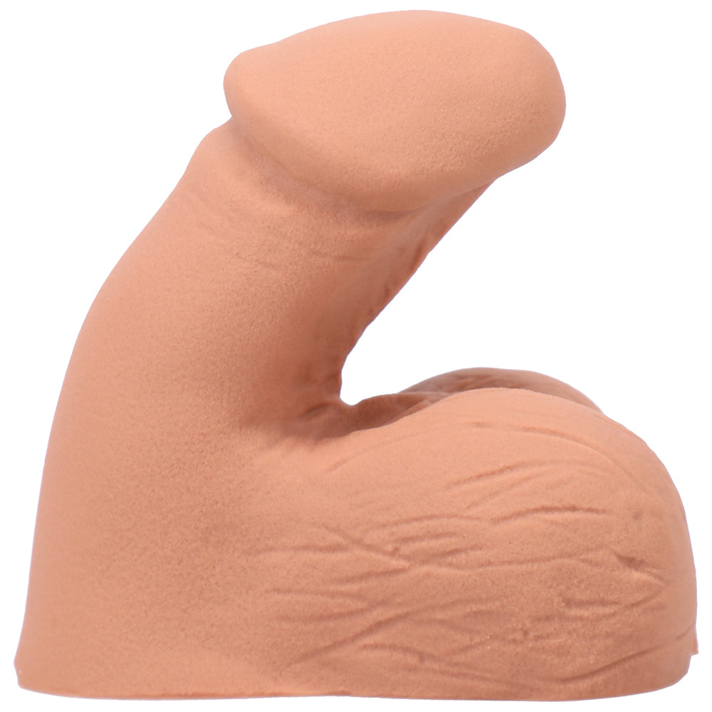 Tantus On the Go Silicone Packer Honey (Bag) Left angle of honey Tantus On the Go packer with curved shaft