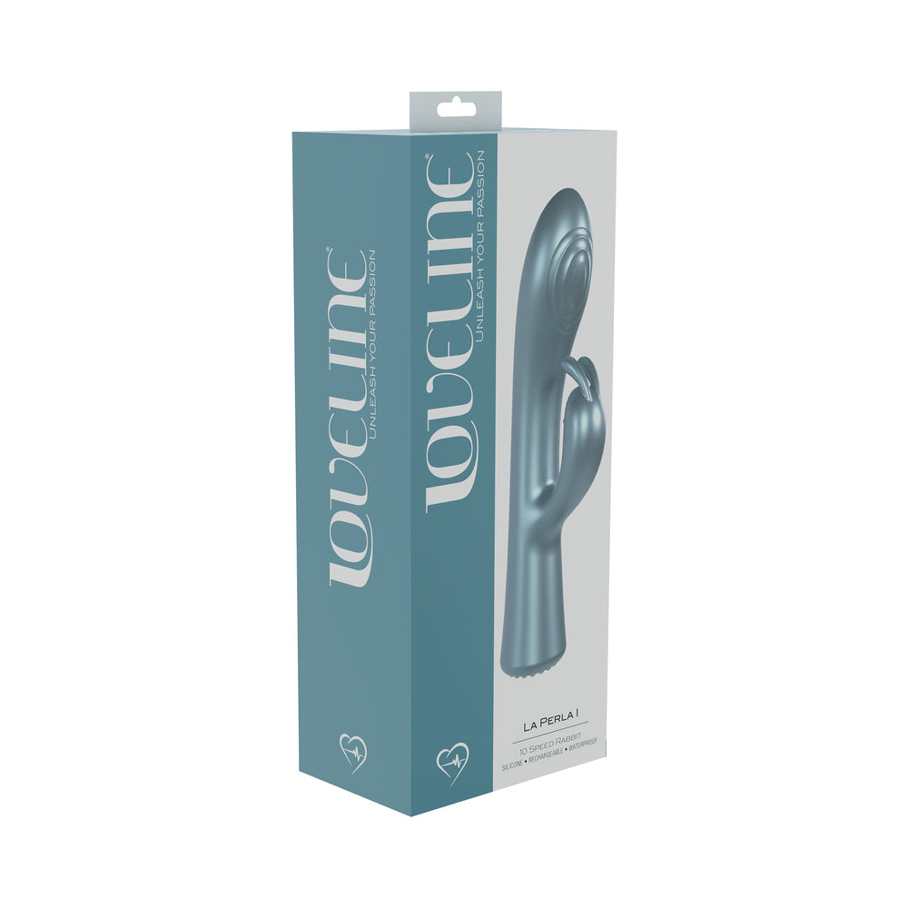 LoveLine La Perla I Rechargeable Silicone Rabbit Blue blue LoveLine La Perla I rabbit vibrator with spiral tip pictured on teal box