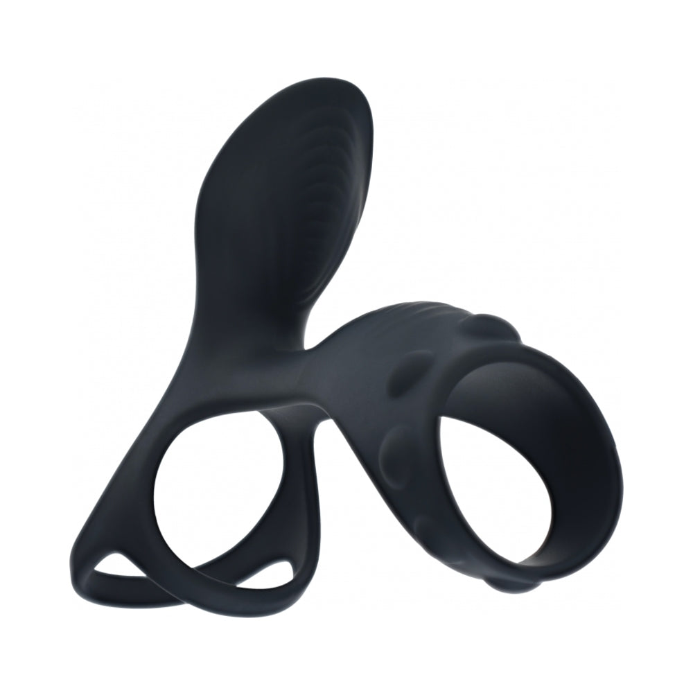 LEVELZ Vibrating Silicone Cock & Ball Ring with Shaft Loop Black Black LEVELZ dual-loop ring with textured upright paddle