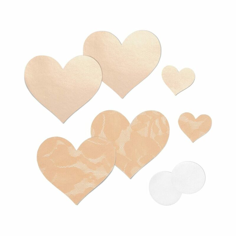 Nippies Basic Creme Hearts Pasties Size B Nippies Size B creme heart pasties in satin and lace with round pads and patch-test hearts