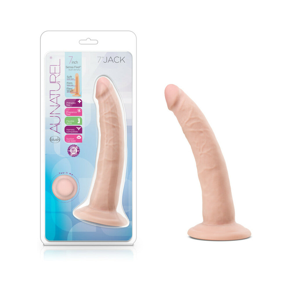 Au Naturel Jack 7.5 in. Posable Dual Density Dildo Beige Au Naturel Jack beige dildo beside its clear retail package