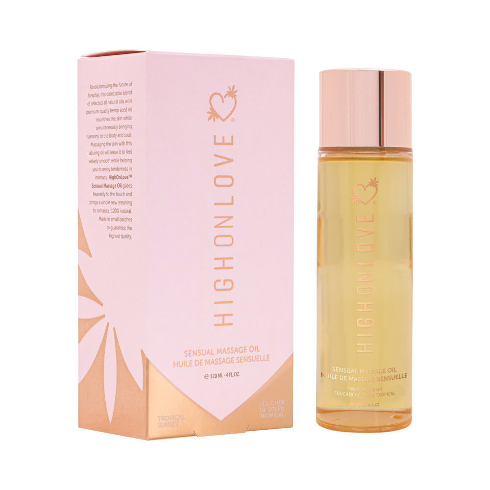 HighOnLove Massage Oil Tropical Sunset HighOnLove Tropical Sunset massage oil in clear bottle beside pink carton