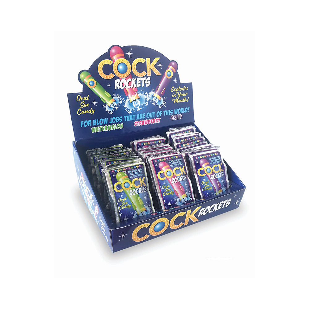 Cock Rockets Oral Sex Candy Assorted Flavor 36-Piece Display Cock Rockets 36-piece candy display in open blue carton