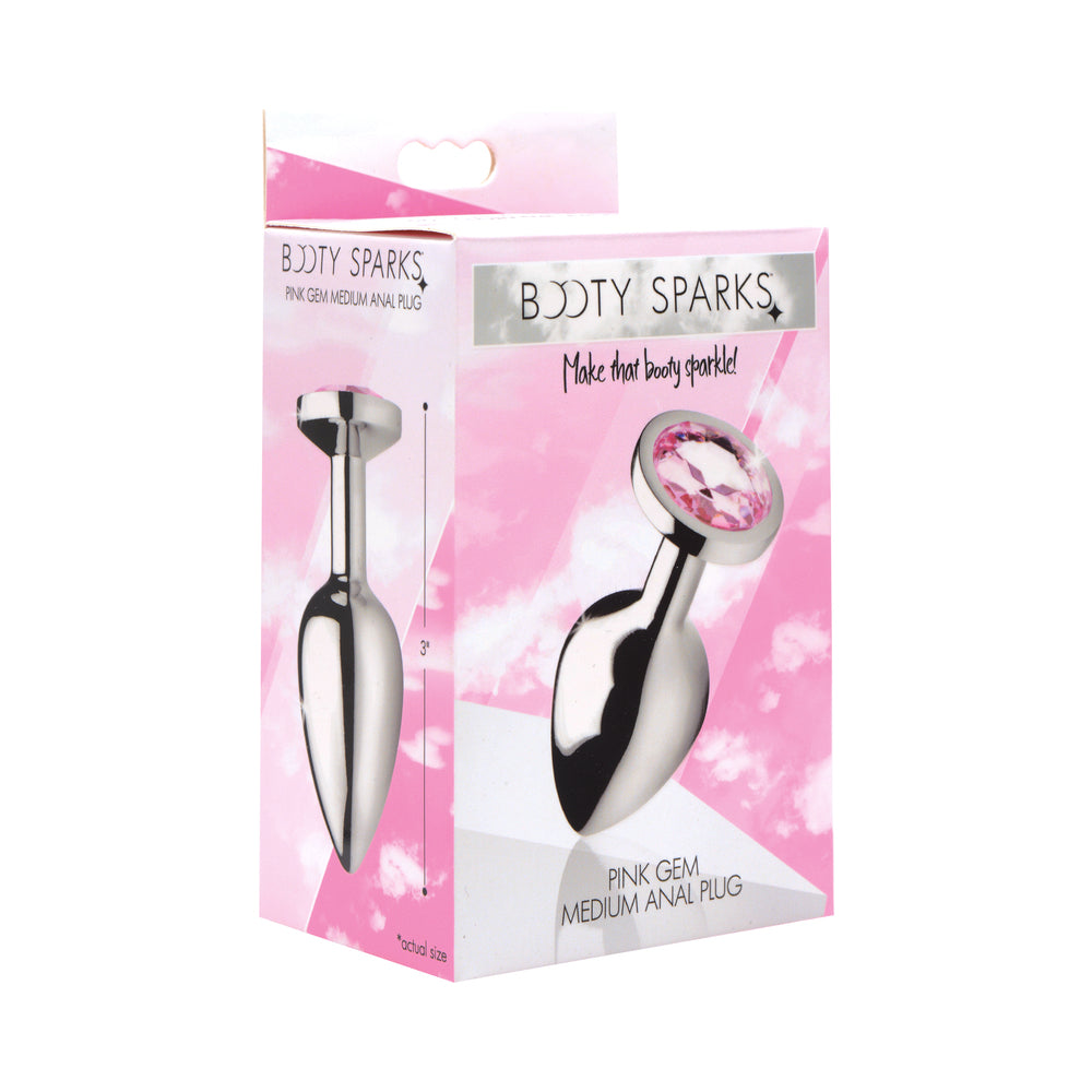 Booty Sparks Pink Gem Anal Plug Medium medium silver Booty Sparks anal plug with round pink gem base on pink box