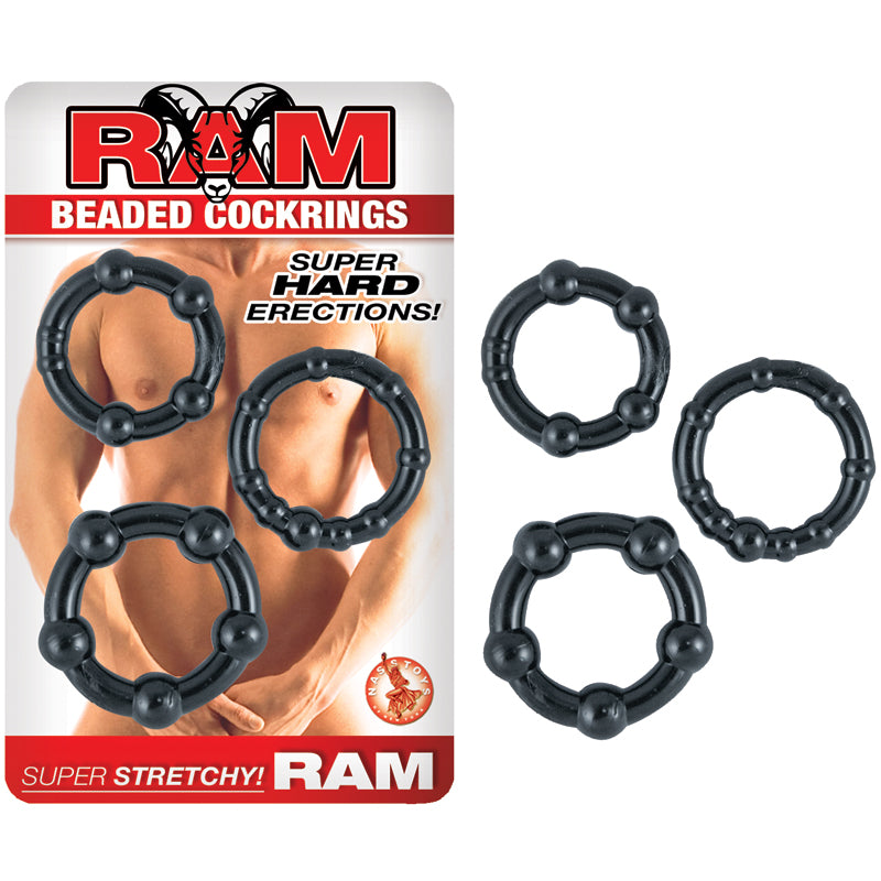 Ram Beaded Cockrings (Black) Nasstoys RAM Black Beaded Rings three black beaded rings beside red white hanging card