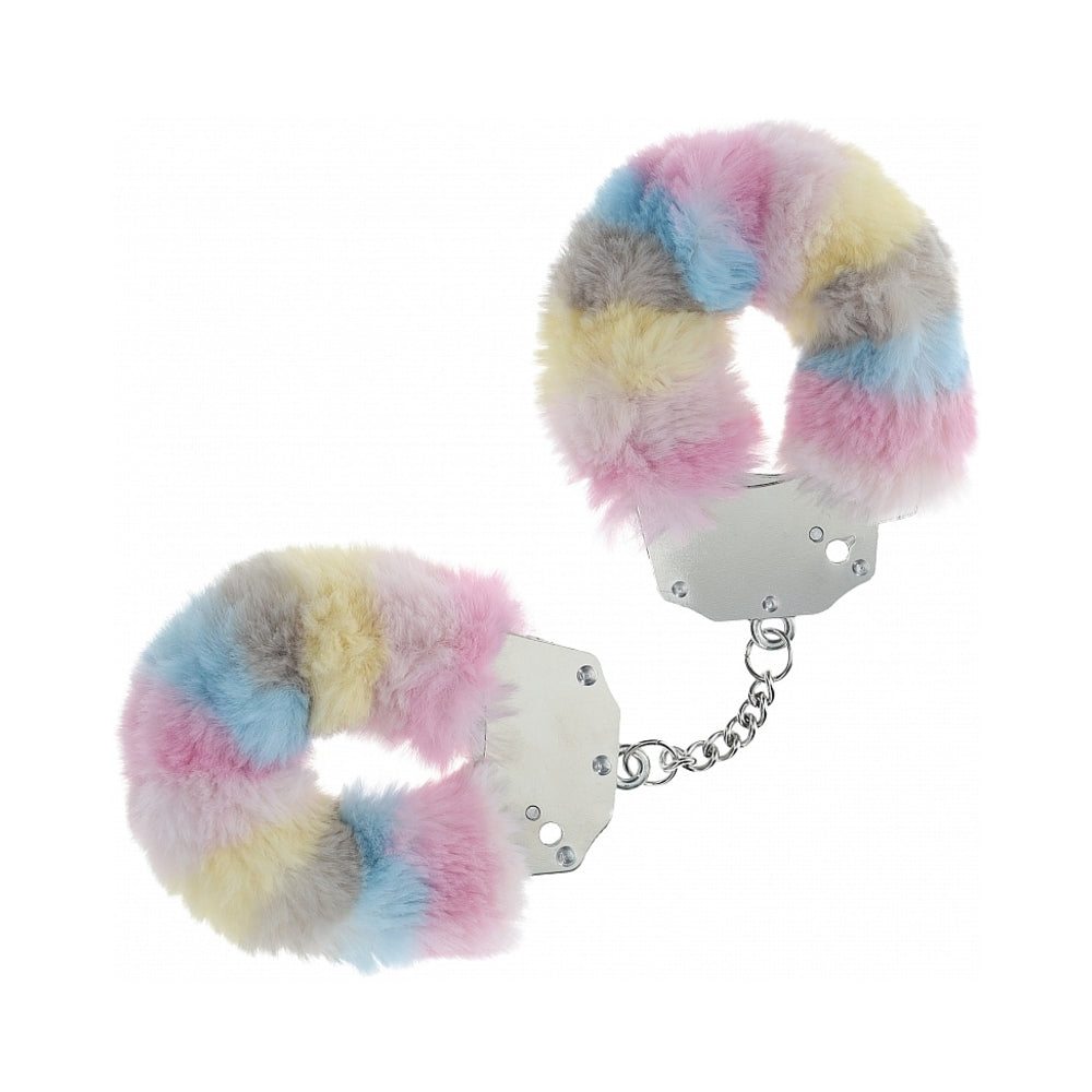 Ouch! Heavy-Duty Fluffy Handcuffs Multicolor 2 Shots Ouch handcuffs with pastel multicolor fluffy covers and short silver chain