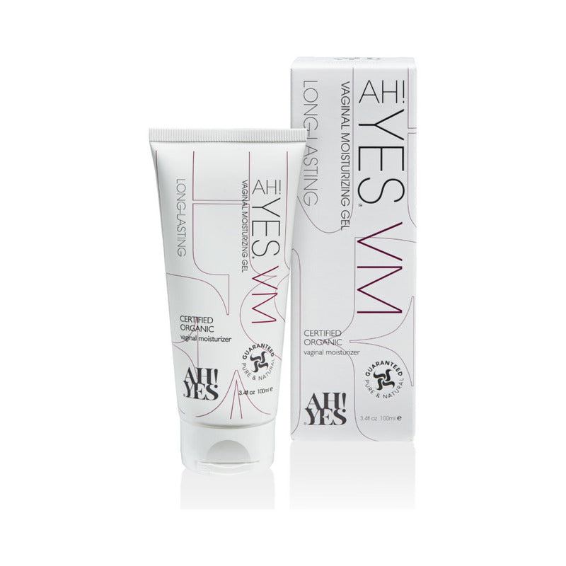 AH! YES VM Vaginal Moisturizing Gel 3.4 oz. AH YES VM white 3.4 oz tube standing beside tall carton