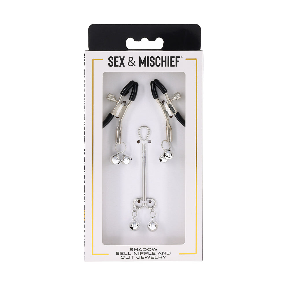 Sportsheets Sex & Mischief Shadow Bell Nipple and Clit Jewelry Sportsheets Shadow bell nipple and clit clamp set front retail package