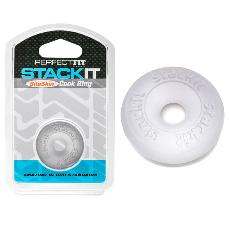 Perfect Fit Stackit Clear Perfect Fit Stackit Clear TPE Ring white hanging card beside clear donut-shaped ring