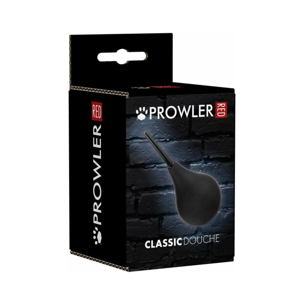 Prowler RED Medium Bulb Douche Black Prowler RED medium black bulb douche shown on black Classic Douche carton with brick wall graphic