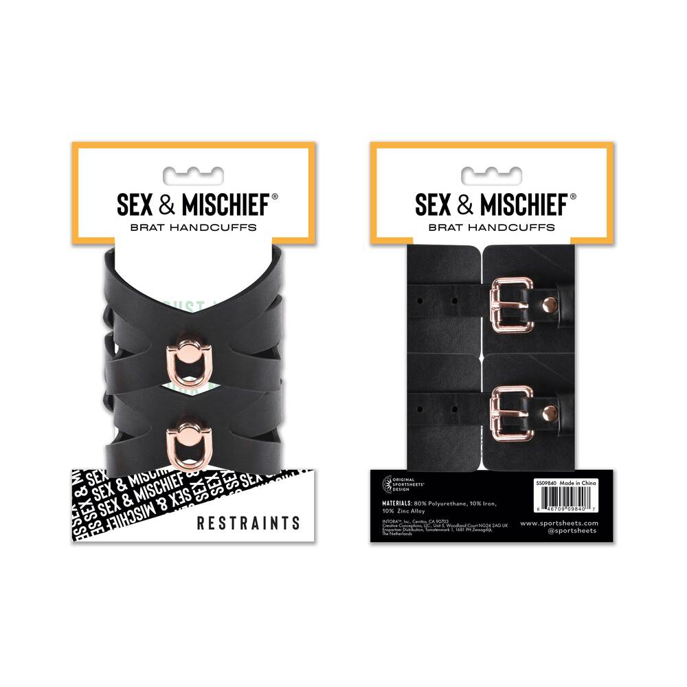 Sportsheets Sex & Mischief Brat Handcuffs Sportsheets Sex and Mischief Brat black handcuffs front and rear retail package views