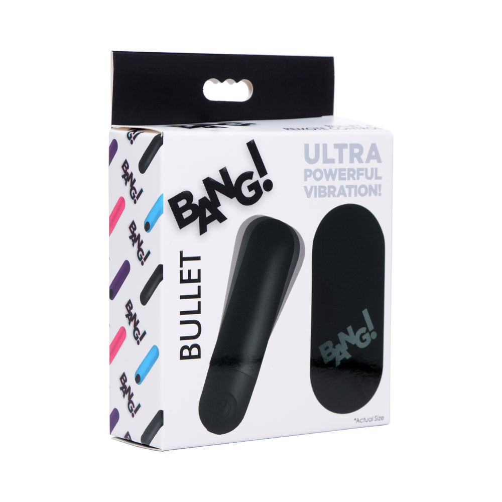 BANG! Vibrating Bullet with Remote Control Black black BANG bullet vibrator beside matching wireless remote on white box