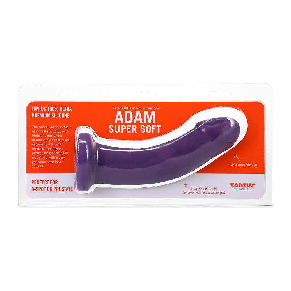 Tantus Adam Super Soft Semi-Realistic Dildo Amethyst Front package of Tantus Adam Super Soft Amethyst dildo