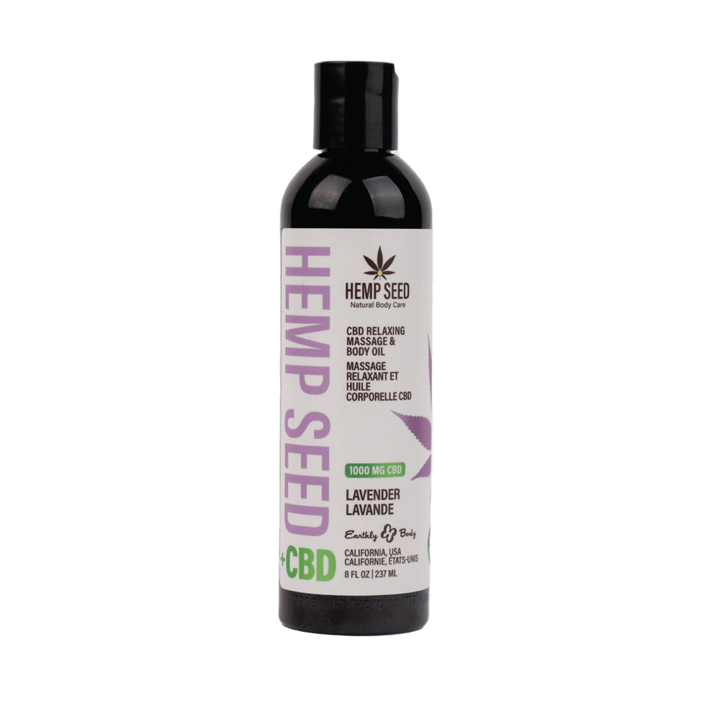 Earthly Body Hemp Seed CBD Relaxing Massage and Body Oil Lavender 8 oz. Front of 8 oz Earthly Body Hemp Seed CBD Lavender oil bottle
