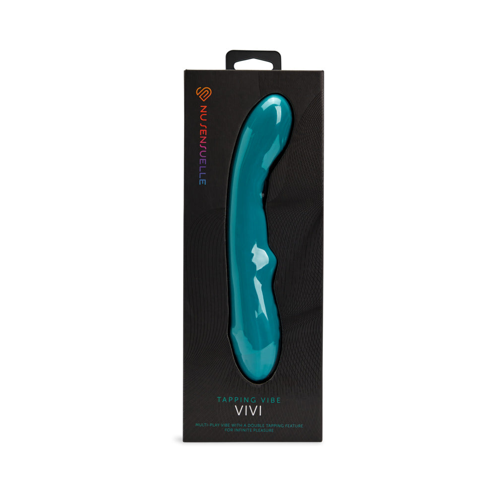 Nu Sensuelle Vivi Double Tapping Vibe Emerald Green emerald-green Nu Sensuelle Vivi curved vibrator displayed inside a tall black box