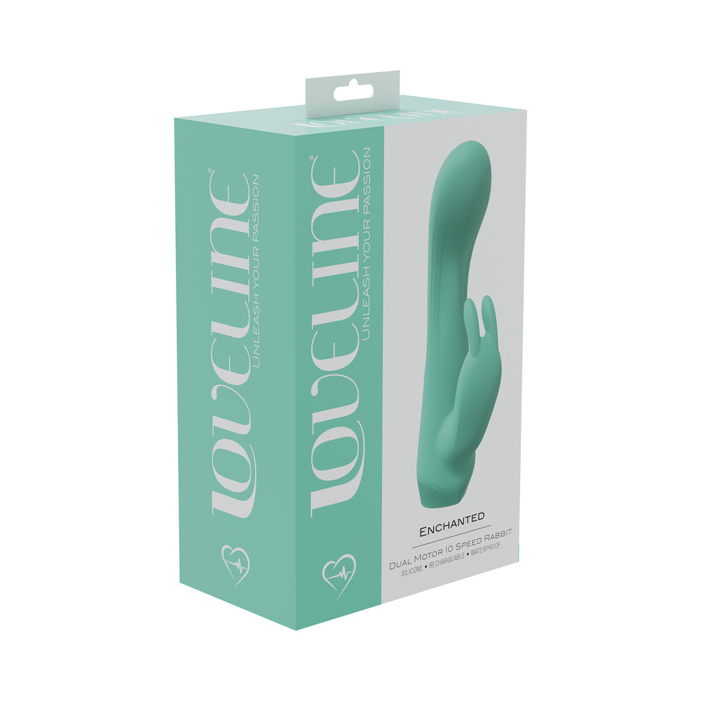 LoveLine Enchanted Dual Motor 10 Speed Rabbit Silicone Rechargeable Waterproof Green green LoveLine Enchanted dual-arm rabbit vibrator on aqua box