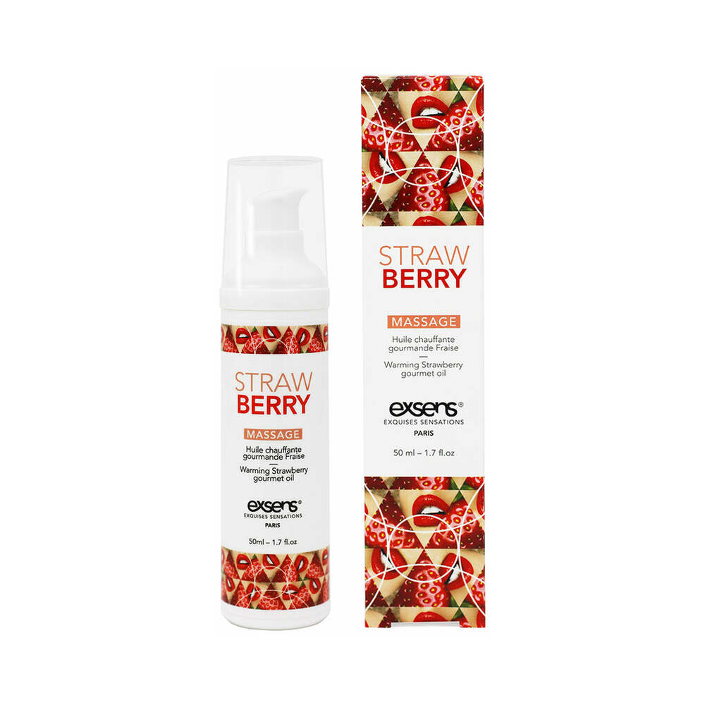 Exsens Warming Massage Oil Strawberry 1.7 oz. white Exsens Strawberry pump bottle beside red berry-patterned carton