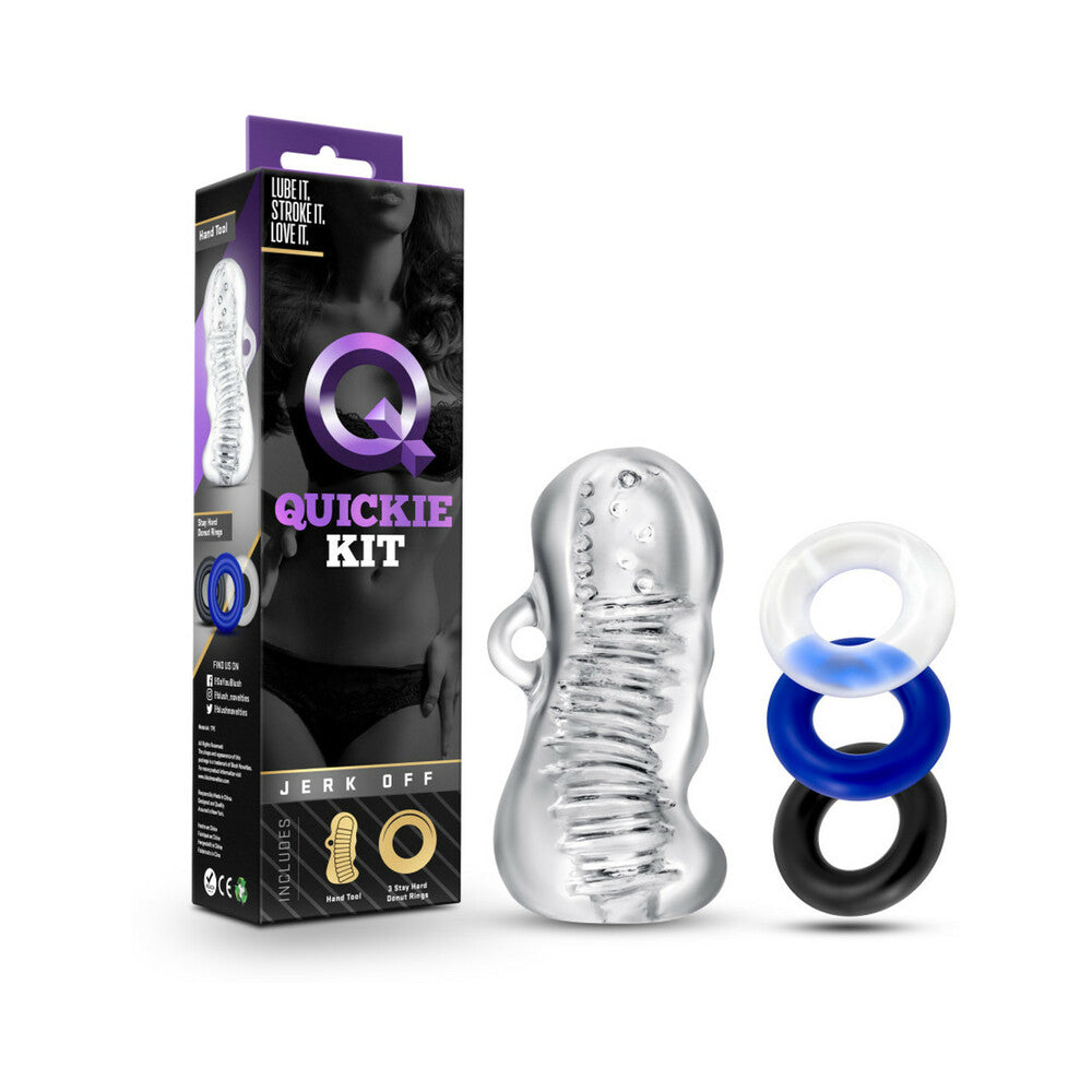 Quickie Kit Jerk Off Stroker & 3-Piece Cockring Set Clear Blush Quickie Kit clear stroker and rings beside black-and-purple Quickie Kit retail box